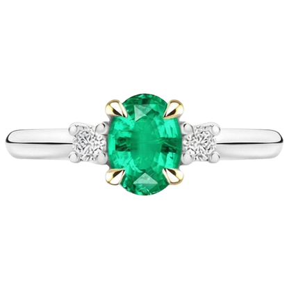 Natural Real ( Not Lab Grown ) Green Emerald GIA Ring Oval Three Stone Diamonds