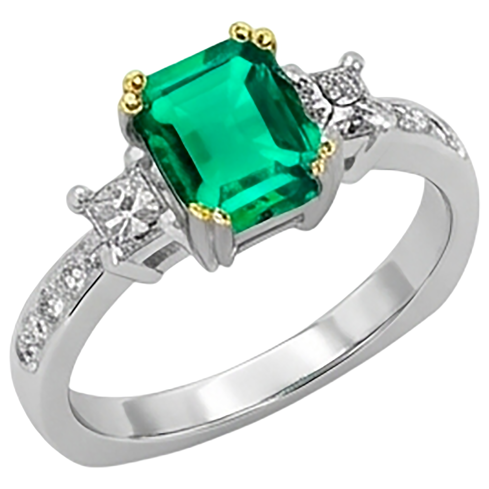 Natural Real ( Not Lab Grown ) Green Emerald GIA Ring Round Diamonds Tapered Shank