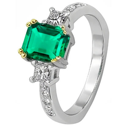 Natural Real ( Not Lab Grown ) Green Emerald GIA Ring Round Diamonds Tapered Shank