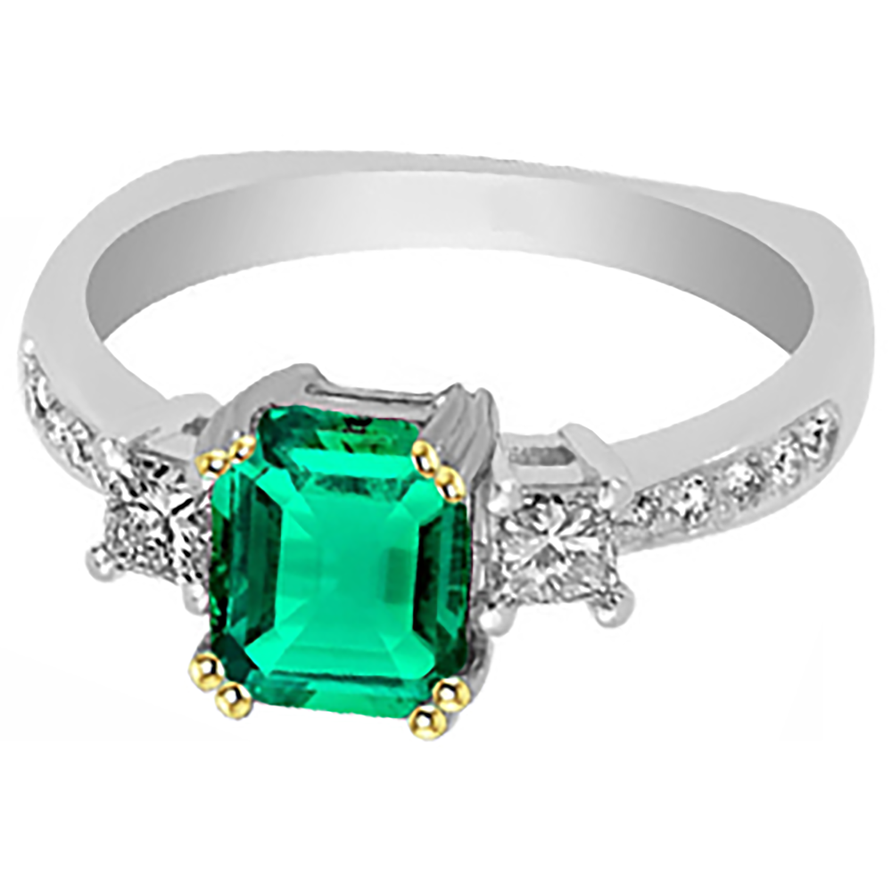 Natural Real ( Not Lab Grown ) Green Emerald GIA Ring Round Diamonds Tapered Shank
