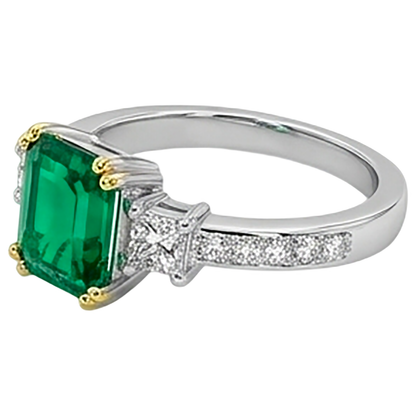 Natural Real ( Not Lab Grown ) Green Emerald GIA Ring Round Diamonds Tapered Shank