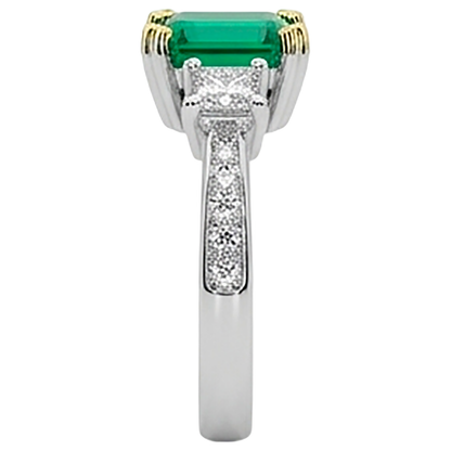 Natural Real ( Not Lab Grown ) Green Emerald GIA Ring Round Diamonds Tapered Shank
