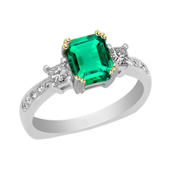 Green Emerald Ring Round Diamonds Tapered Shank