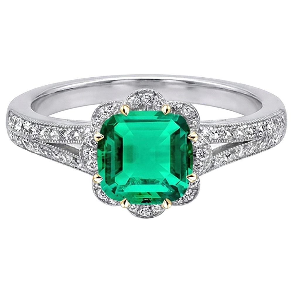 Natural Real ( Not Lab Grown ) Green Emerald GIA Ring Vintage Style Milgrain Jewelry