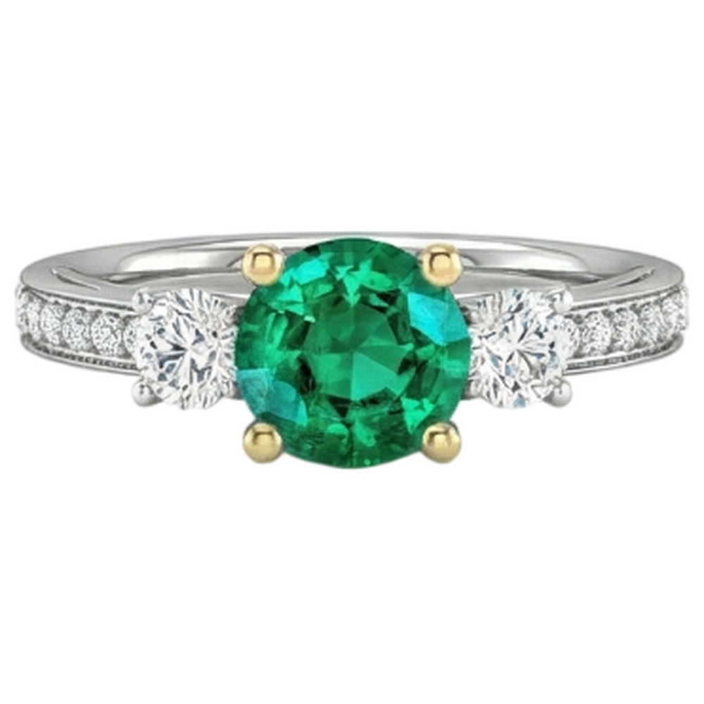 Natural Real ( Not Lab Grown ) Green Emerald GIA Wedding Ring 3 Stone Style Diamond Band