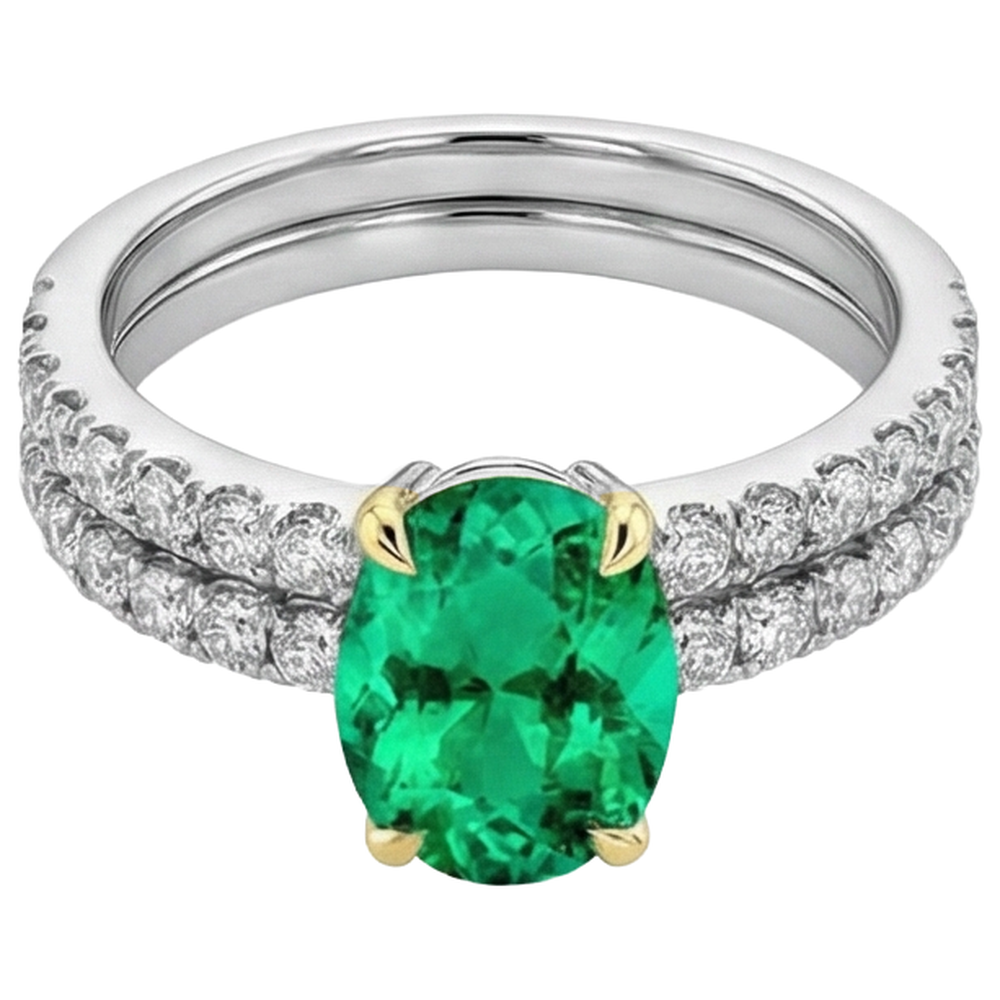 Natural Real ( Not Lab Grown ) Green Emerald GIA Wedding Ring Bridal Set Oval Cut Gemstone