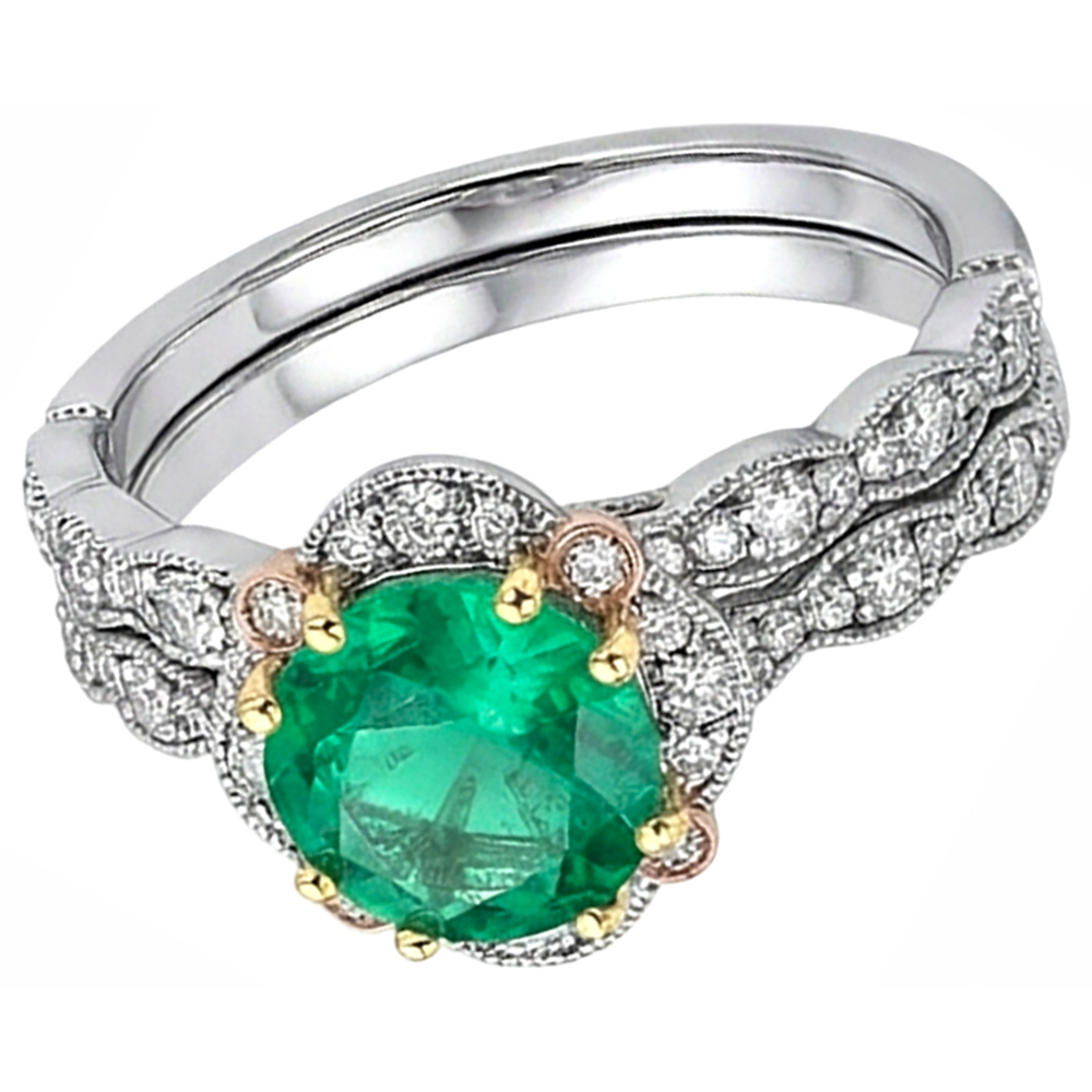 Natural Real ( Not Lab Grown ) Green Emerald GIA With Diamonds Halo Ring Set With Matching Band
