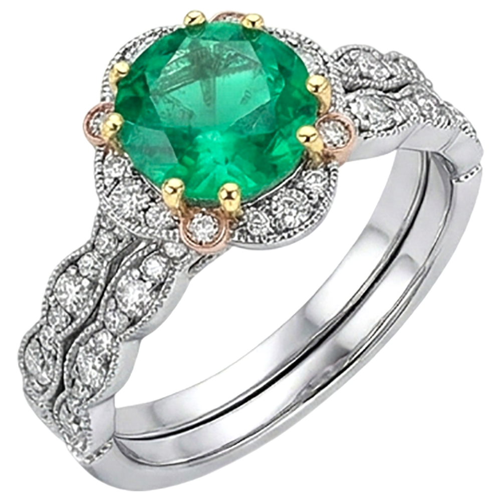 Natural Real ( Not Lab Grown ) Green Emerald GIA With Diamonds Halo Ring Set With Matching Band