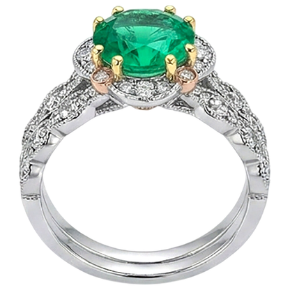 Natural Real ( Not Lab Grown ) Green Emerald GIA With Diamonds Halo Ring Set With Matching Band