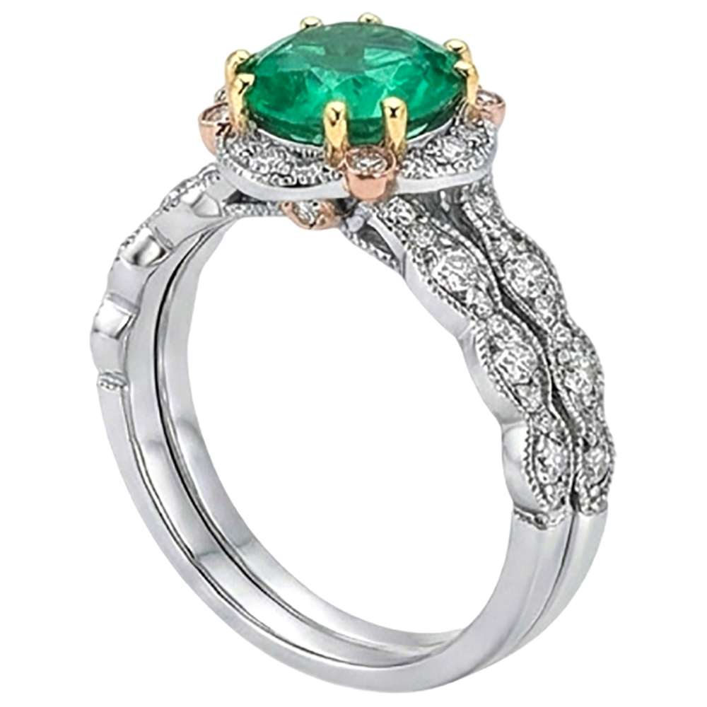 Natural Real ( Not Lab Grown ) Green Emerald GIA With Diamonds Halo Ring Set With Matching Band