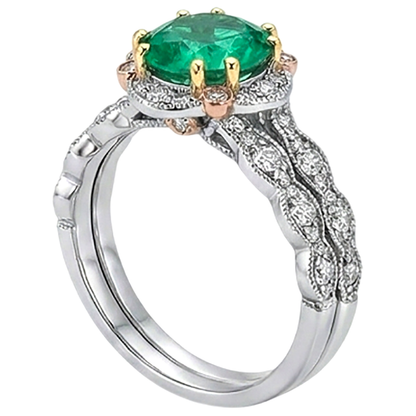 Natural Real ( Not Lab Grown ) Green Emerald GIA With Diamonds Halo Ring Set With Matching Band