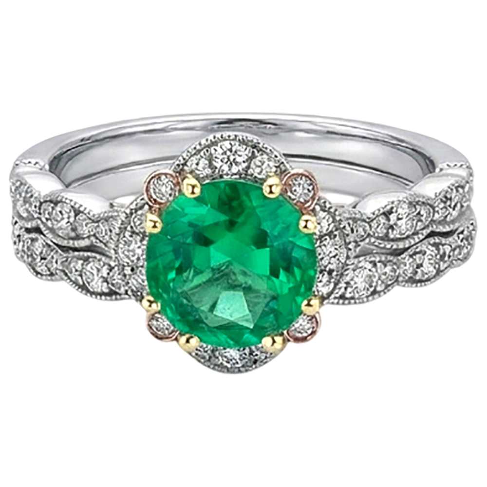 Natural Real ( Not Lab Grown ) Green Emerald GIA With Diamonds Halo Ring Set With Matching Band