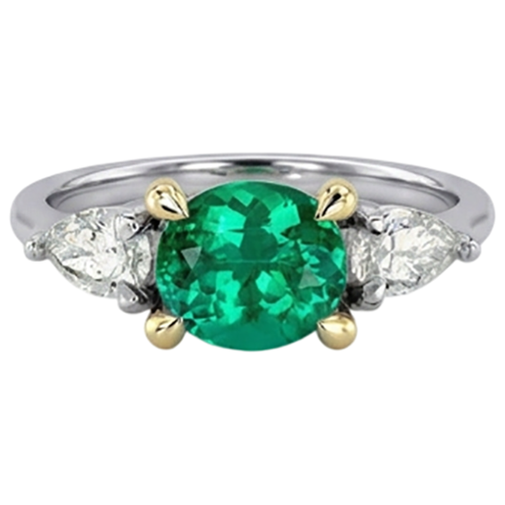 Natural Real ( Not Lab Grown ) Green Emerald GIA With Diamonds Ring 3 Stone Jewelry