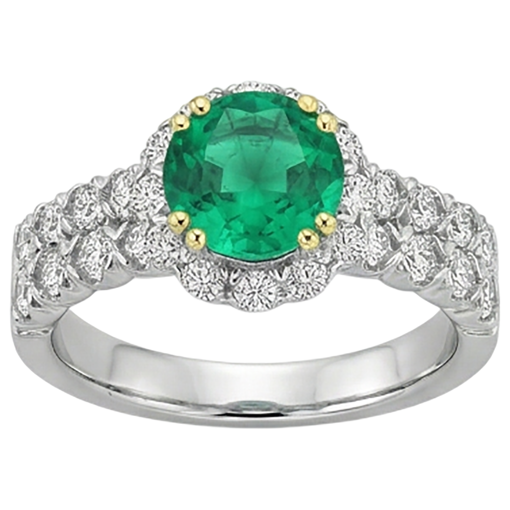 natural round emerald 3ct ring on white background