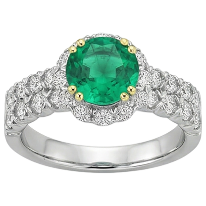 natural round emerald 3ct ring on white background