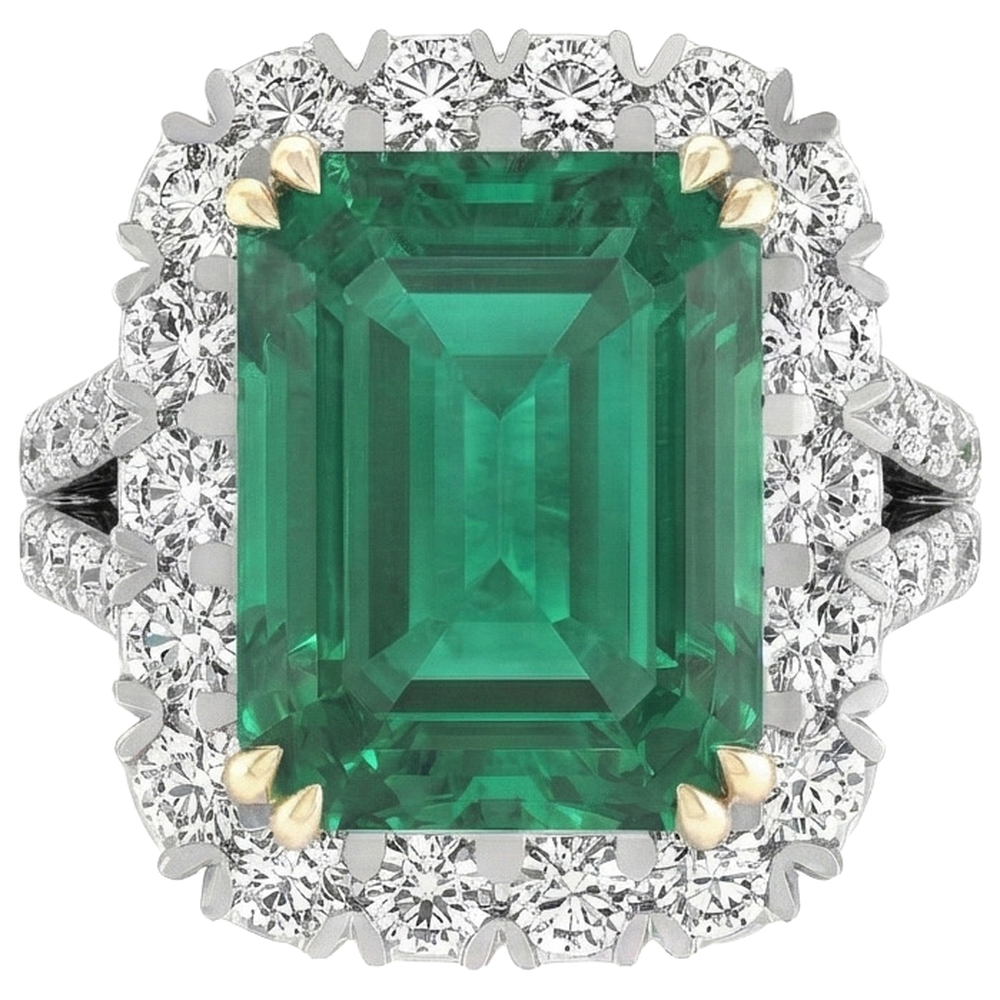 Green Emerald With Natural Earth Mined Diamond Ring