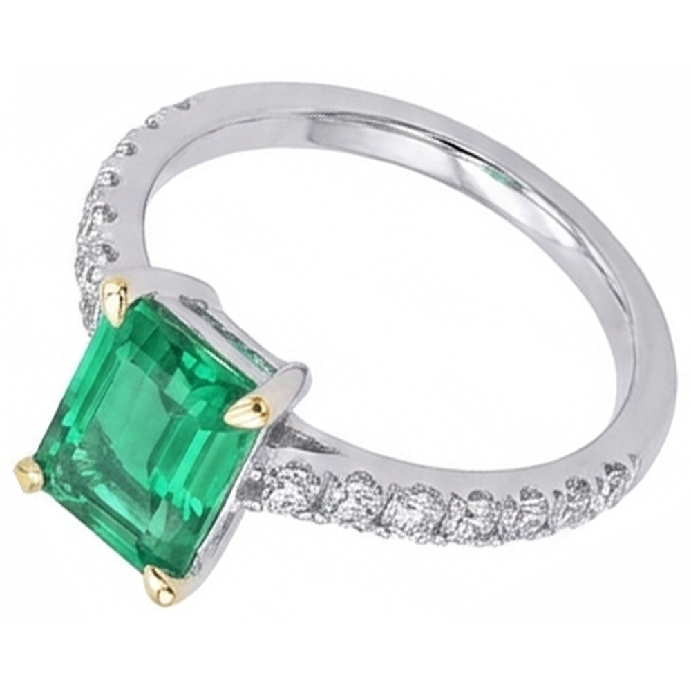 Natural Real ( Not Lab Grown ) Green Emerald GIA & Diamond Engagement Ring With Accents