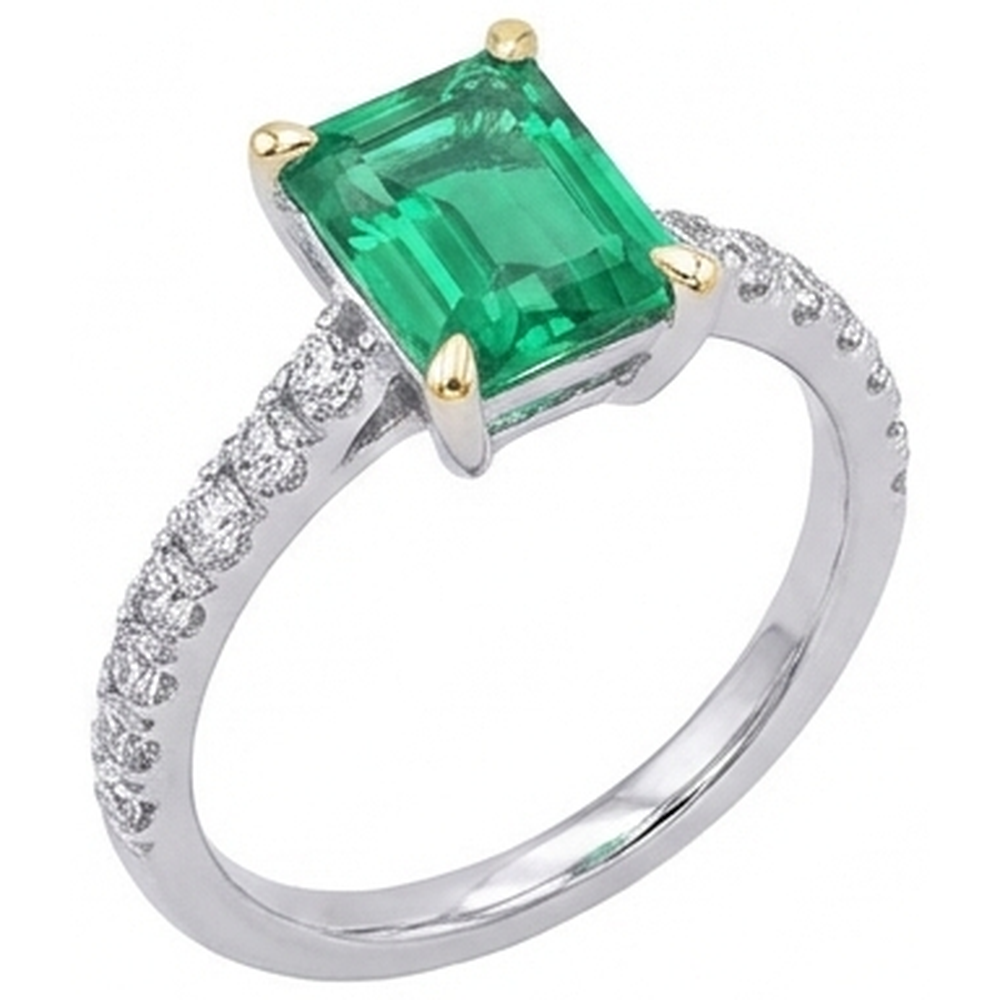 Natural Real ( Not Lab Grown ) Green Emerald GIA & Diamond Engagement Ring With Accents