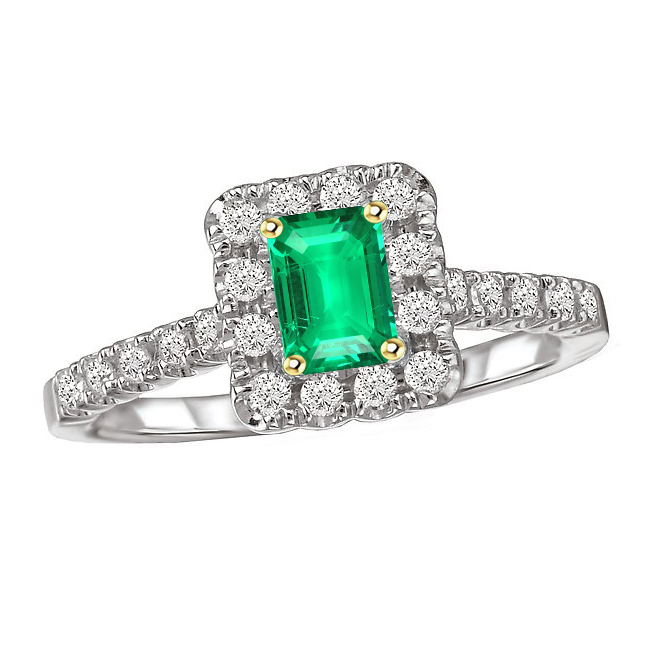 Green Emerald & Diamond Halo Ring Gold Wedding Jewelry