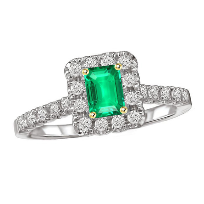 Green Emerald & Diamond Halo Ring Gold Wedding Jewelry