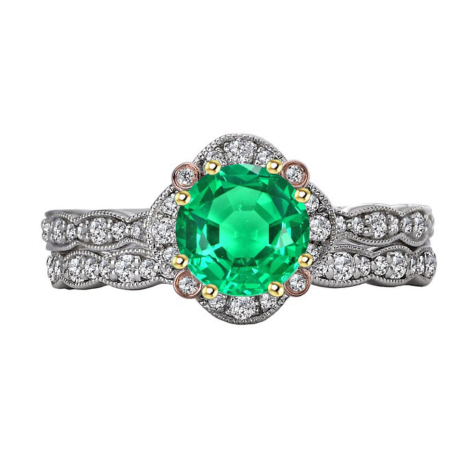 Green Emerald With Diamonds Halo Ring Set With Matching Band