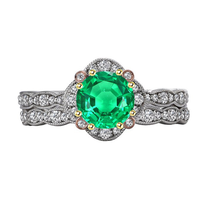 Green Emerald With Diamonds Halo Ring Set With Matching Band