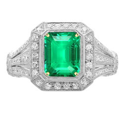 Green Emerald Halo Ring Vintage Style Diamond Jewelry