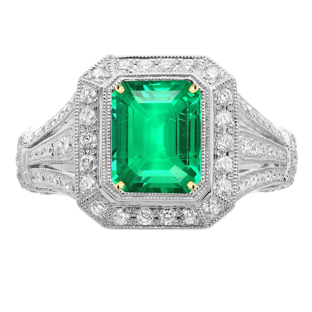 Green Emerald Halo Ring Vintage Style Diamond Jewelry
