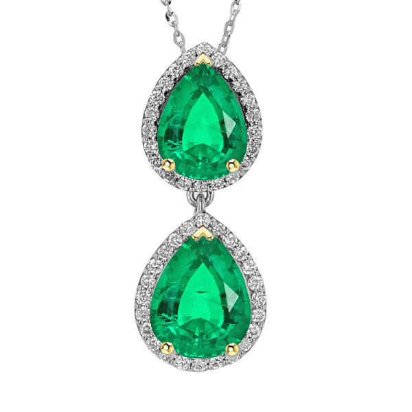 Green Emerald Teardrop Drop Pendant Halo Diamond Necklace