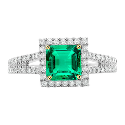 Green Emerald & Diamond Halo Ring Split Shank Prong Set