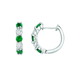Green Emerald And Diamond Hoop Earrings 1 Carat 14K White Gold