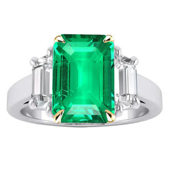 Natural Real ( Not Lab Grown ) Green Emerald GIA And Diamond Ring 3 Stone Jewelry