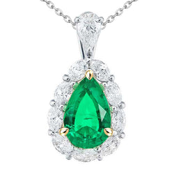 Natural Real ( Not Lab Grown ) Green Emerald GIA And Diamond Teardrop Necklace 14K Gold