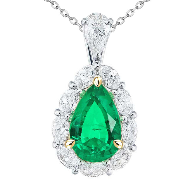 Green Emerald And Diamond Teardrop Necklace 14K Gold