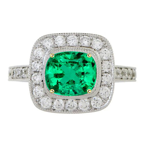 Green Emerald Halo Engagement Ring Cushion Cut Gold 14K