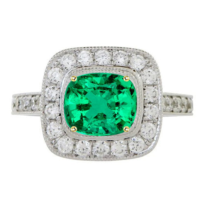 Green Emerald Halo Engagement Ring Cushion Cut Gold 14K