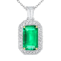 Green Emerald GIA Halo Pendant With Baguette And Round Real Diamonds