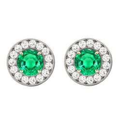 Natural Real ( Not Lab Grown ) Green Emerald GIA Halo Studs Diamond Earrings