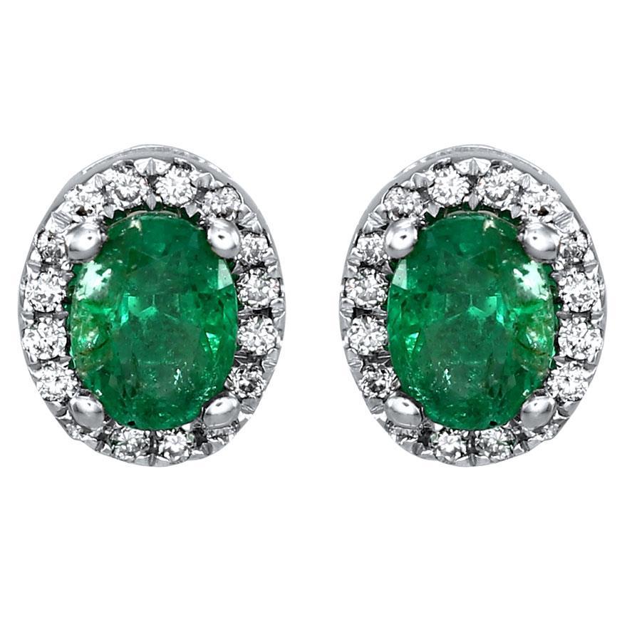 Green Emerald With Diamonds 5.90 Carats Studs Halo Earrings White Gold
