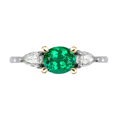 Green Emerald With Diamonds Ring 3 Stone Jewelry