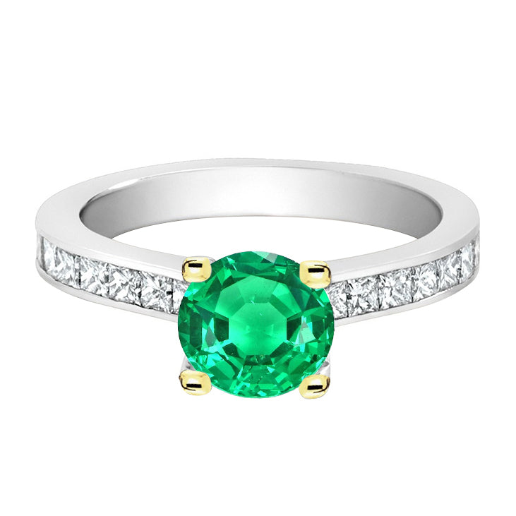 Green Emerald & Princess Diamond Ring Channel Set Gold 14K