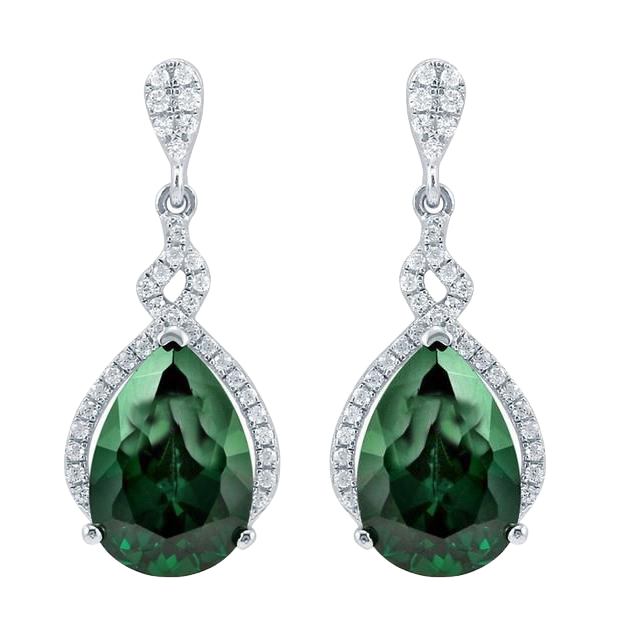 Green Emerald And Natural Earth Mined Diamond Dangle Earrings Prong Set 6.70 Carat White Gold 14K