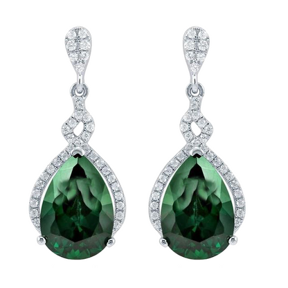 Green Emerald And Natural Earth Mined Diamond Dangle Earrings Prong Set 6.70 Carat White Gold 14K