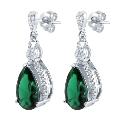 Green Emerald And Natural Earth Mined Diamond Dangle Earrings Prong Set 6.70 Carat White Gold 14K
