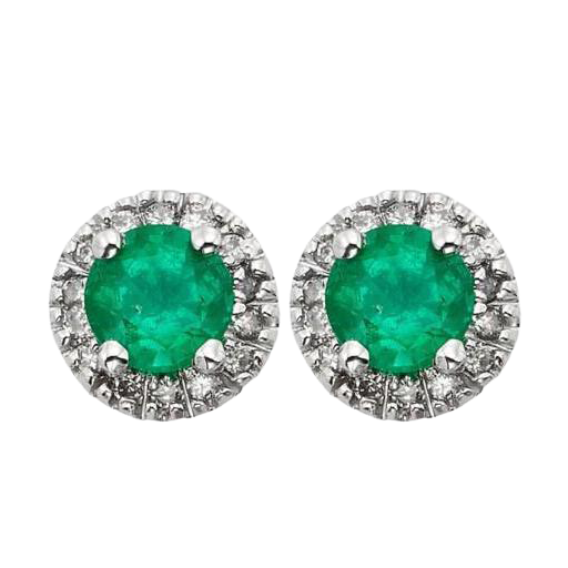 Green Emerald And Halo Natural Earth Mined Diamond Lady Stud Earrings 5.70 Carat White Gold 14K