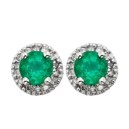 Green Emerald And Halo Natural Earth Mined Diamond Lady Stud Earrings 5.70 Carat White Gold 14K