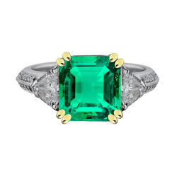Natural Real ( Not Lab Grown ) Green Emerald GIA Diamond Anniversary Ring Milgrain 14K Gold