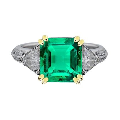 Green Emerald Diamond Anniversary Ring Milgrain 14K Gold