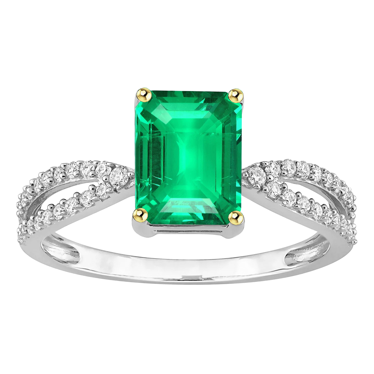 Green Emerald Diamond Ring Split Shank Prongs 
