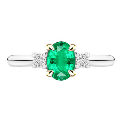 Green Emerald Ring Oval Three Stone Diamonds